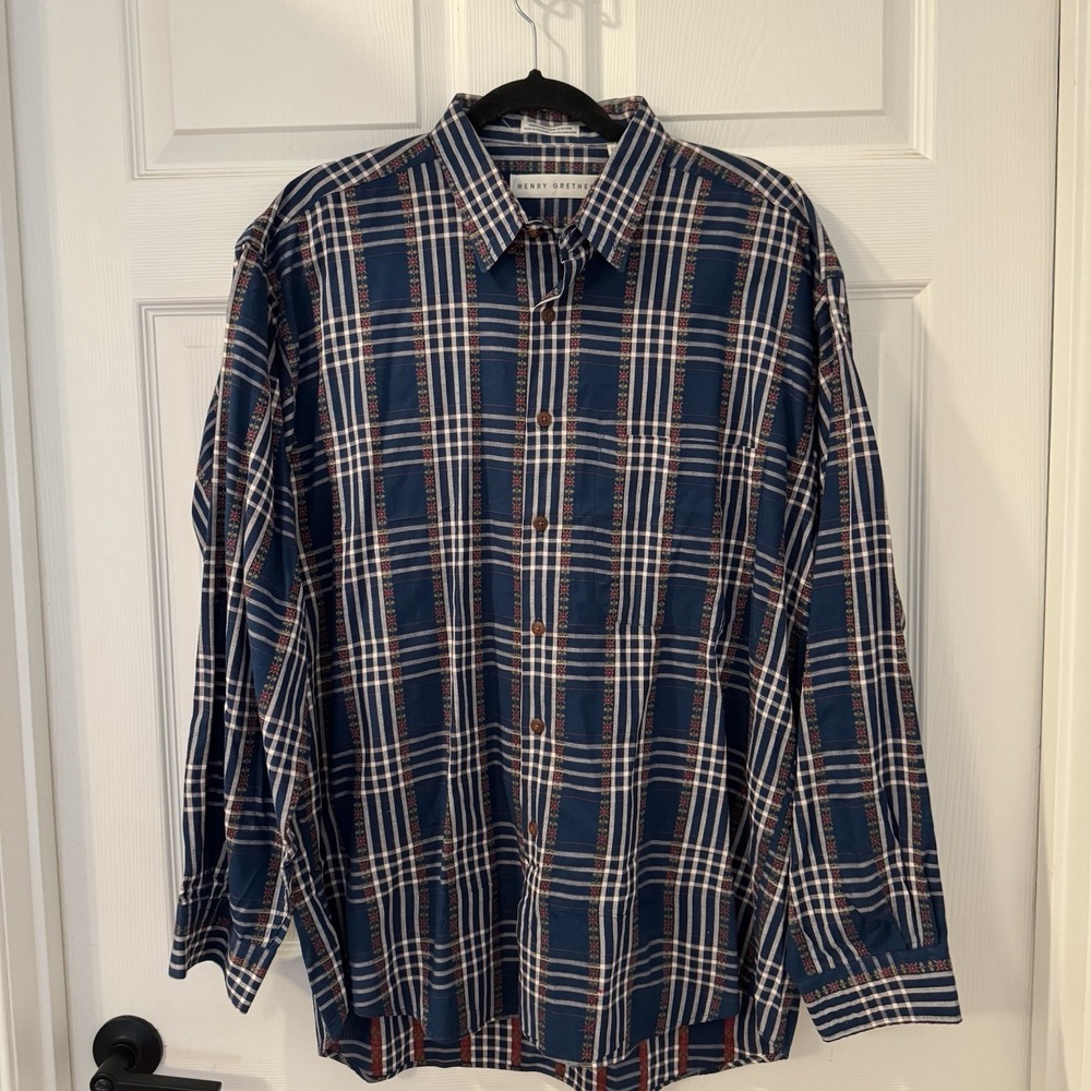 VTG‎ Henry Grethel Mens Sz XL  Shirts Button Up Plaid Long Sleeve embroidered